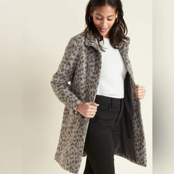 Old Navy Relaxed Soft Brushed truffle Leopard Print Women's wool blend Pea Coat - Picture 3 of 9